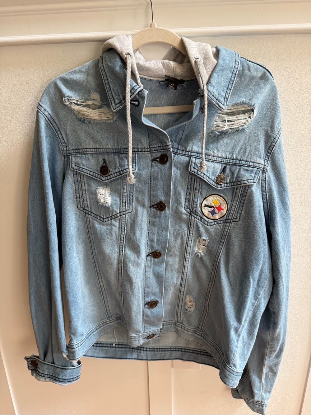 Light Blue Distressed Denim Jacket with Grey Hood